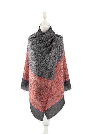 Salmon Border Patterned Wool Shawl - Thumbnail