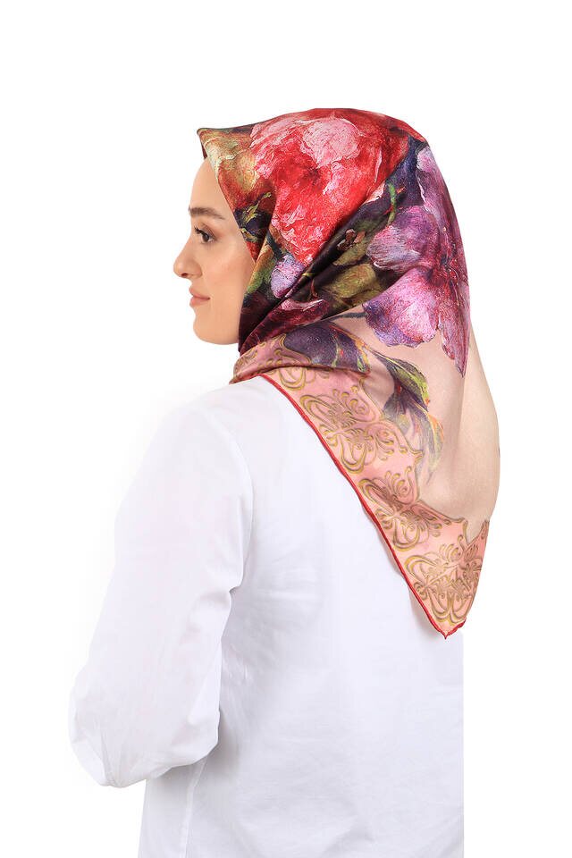 Salmon Floral Silk Square Scarf - 2