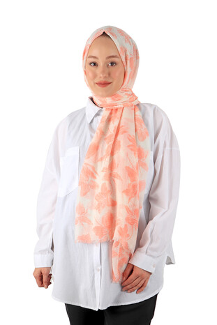 Salmon Flowered Branches Wrapped Scarf - Thumbnail