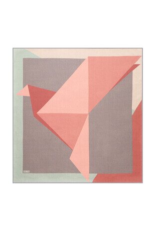 Salmon Gray Geometric Pattern Twill Silk Square Scarf - Thumbnail