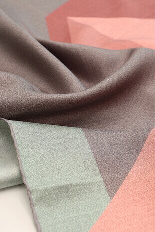 Salmon Gray Geometric Pattern Twill Silk Square Scarf - Thumbnail