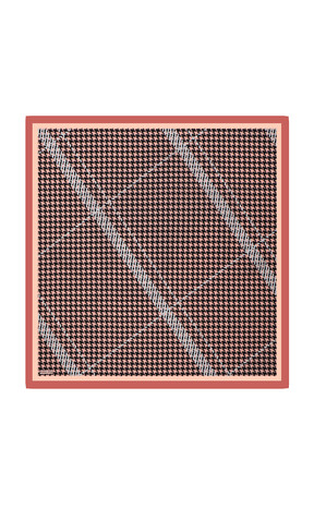 Salmon Stripe Houndstooth Pattern Twill Silk Square Scarf - Thumbnail