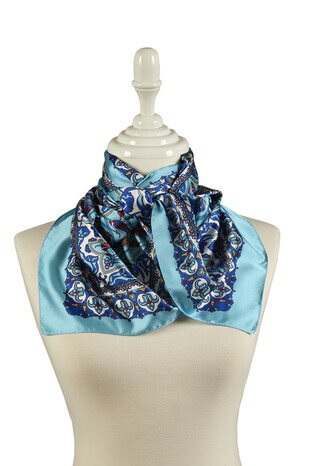 Sax Blue Tile Tulip Pattern Narrow Silky Foulard - Thumbnail