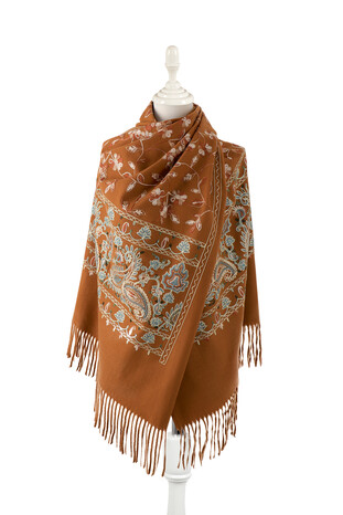 Tan Embroidered Winter Shawl - Thumbnail