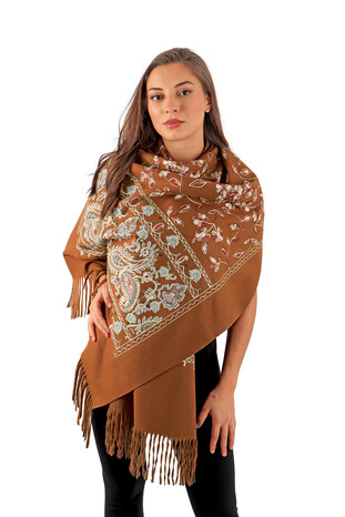 Tan Embroidered Winter Shawl - Thumbnail