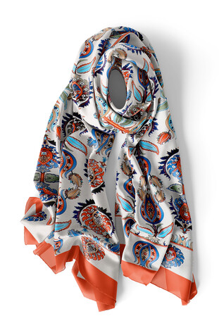 Tan Iznik Pattern Narrow Silk Foulard - Thumbnail