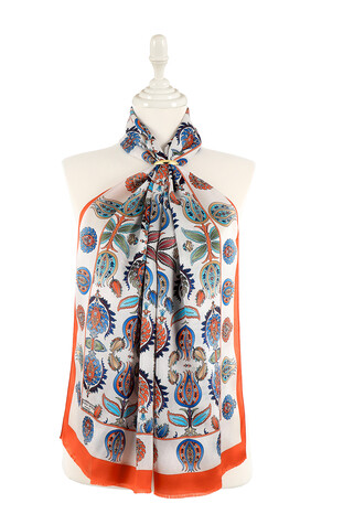 Tan Iznik Pattern Narrow Silk Foulard - Thumbnail