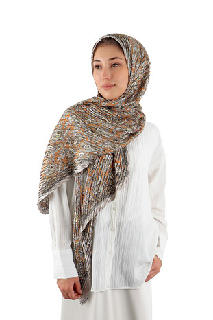 Tan Patterned Pleated Scarf - Thumbnail