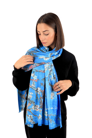 Turquoise Almond Blossom Pattern Winter Shawl - Thumbnail