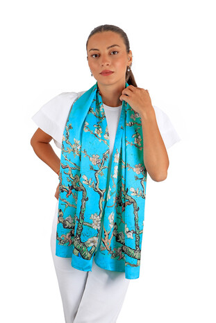 Turquoise Almond Blossom Silky Foulard - Thumbnail