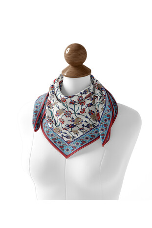 Turquoise Anatolian Pattern Soft Square Scarf - Thumbnail