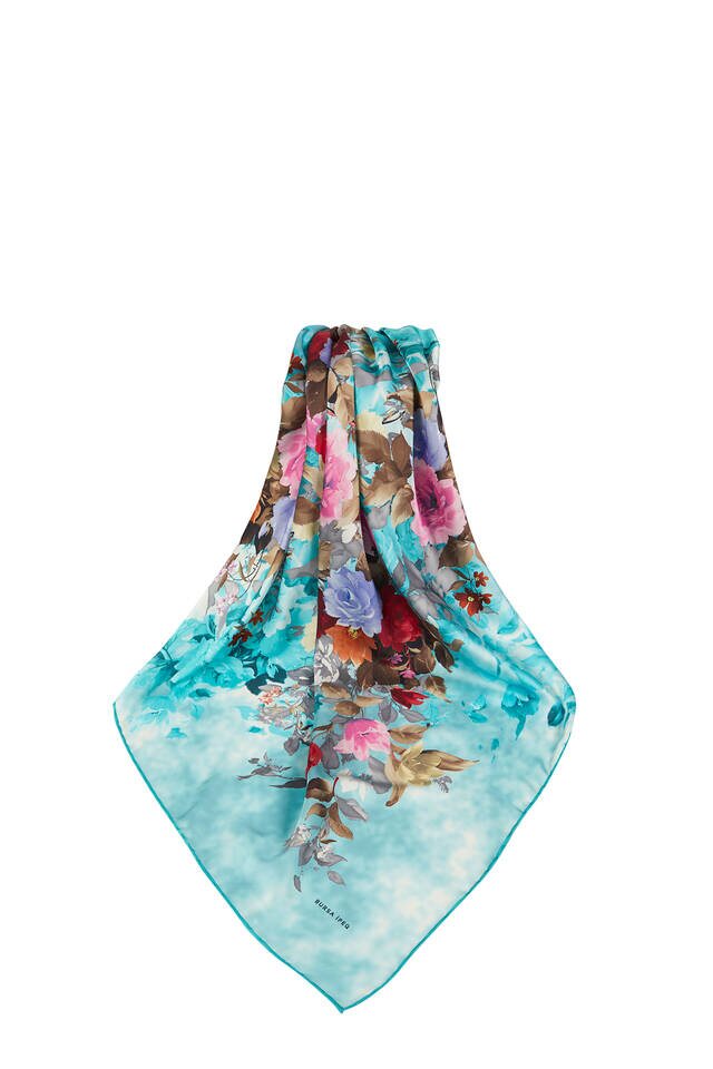 Turquoise Bouquet Pattern Silk Square Scarf - 3