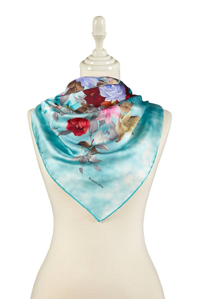 Turquoise Bouquet Pattern Silk Square Scarf - 2