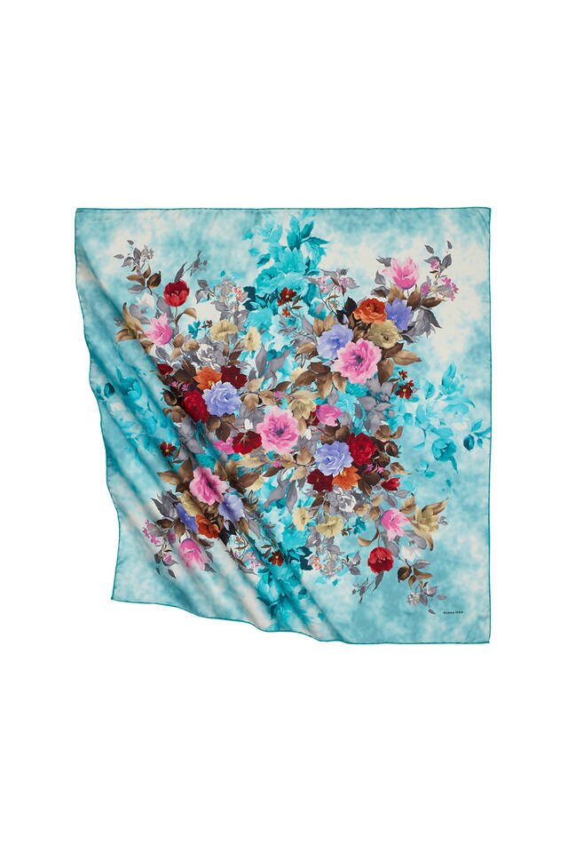 Turquoise Bouquet Pattern Silk Square Scarf - 1