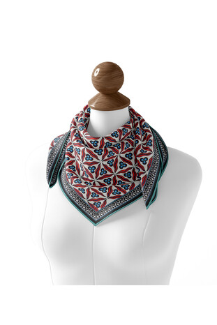 Turquoise Çintemani Pattern Soft Square Scarf - Thumbnail