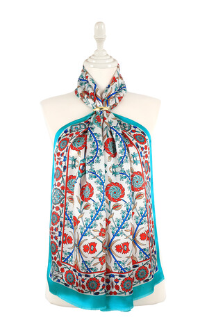 Turquoise Ecru Selçuk Pattern Silk Foulard - Thumbnail