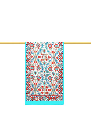 Turquoise Ecru Selçuk Pattern Silk Foulard - Thumbnail