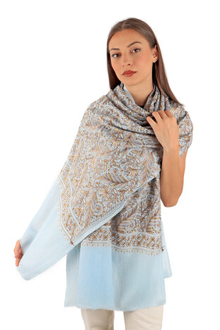 Turquoise Embroidered Wool Silk Shawl - Thumbnail