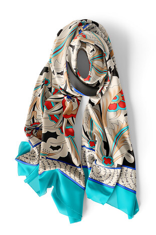 Turquoise Golden Horn Pattern Silk Foulard - Thumbnail