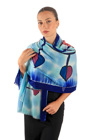 Turquoise Handcrafted Embossed Pattern Wool Silk Shawl - Thumbnail