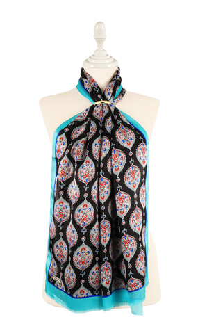 Turquoise Hatai Pattern Silk Foulard - Thumbnail