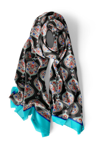 Turquoise Hatai Pattern Silk Foulard - Thumbnail