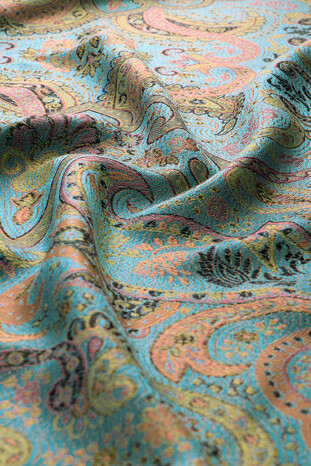 Turquoise Jamawar Woven Silk Shawl - Thumbnail