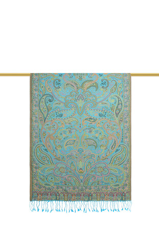 Turquoise Jamawar Woven Silk Shawl - Thumbnail