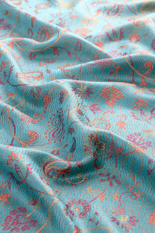 Turquoise Jamawar Woven Silk Shawl - Thumbnail