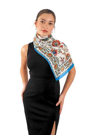 Turquoise Lily Pattern Voile Silk Foulard - Thumbnail