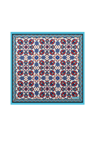 Turquoise Motif Pattern Silky Pocket Square - Thumbnail