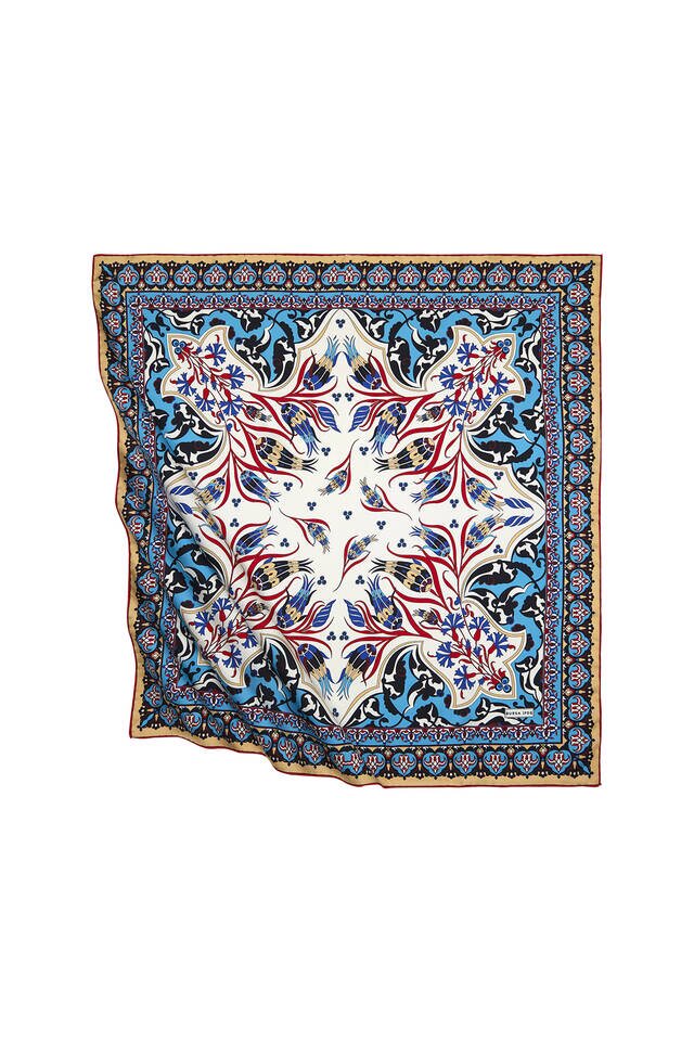 Turquoise Mustard Turkish Pattern Çintemani Carnation Pattern Silky Square Scarf 