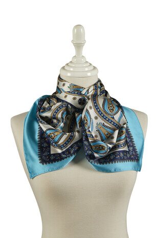 Turquoise Navy Blue Line Tulip Pattern Narrow Silky Foulard - Thumbnail