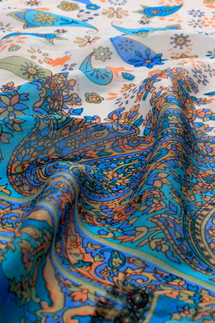 Turquoise Patterned Indian Silk Scarf - Thumbnail