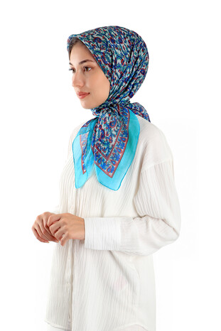 Turquoise Patterned Indian Silk Square Scarf - Thumbnail