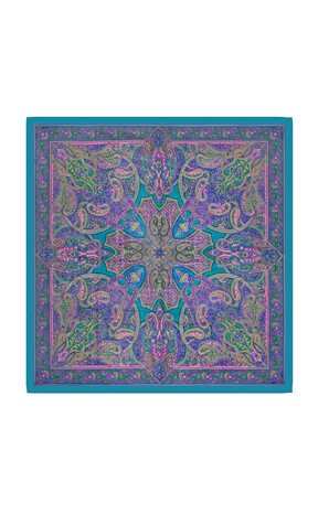 Turquoise Patterned Indian Silk Square Scarf - Thumbnail