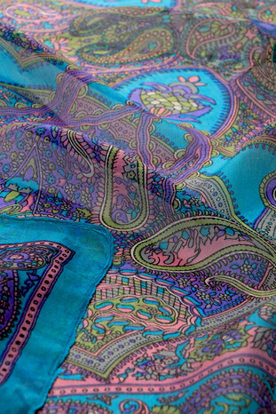 Turquoise Patterned Indian Silk Square Scarf - Thumbnail