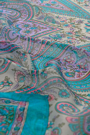 Turquoise Patterned Indian Silk Square Scarf - Thumbnail