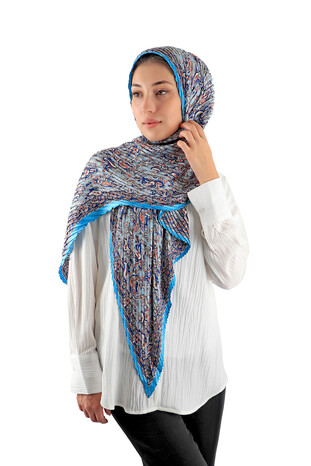 Turquoise Patterned Pleated Scarf - Thumbnail