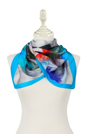 Turquoise Poppy Pattern Silky Foulard - Thumbnail