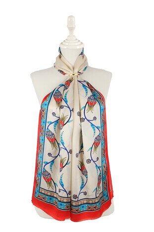 Turquoise Red Row Tulip Silk Foulard - Thumbnail