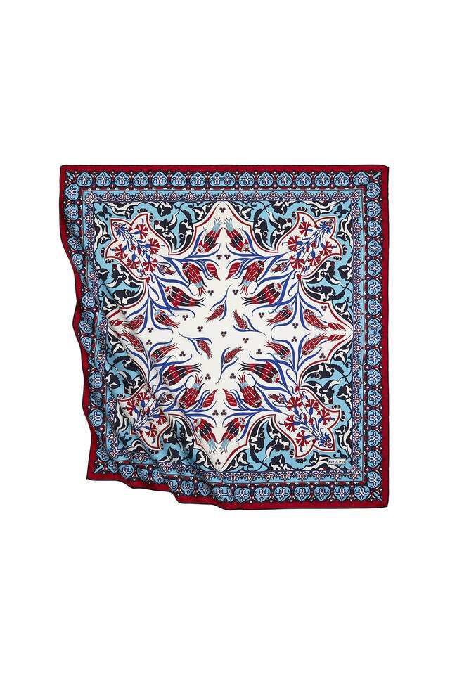 Turquoise Red Turkish Patterned Çintemani Carnation Pattern Silky Square Scarf 