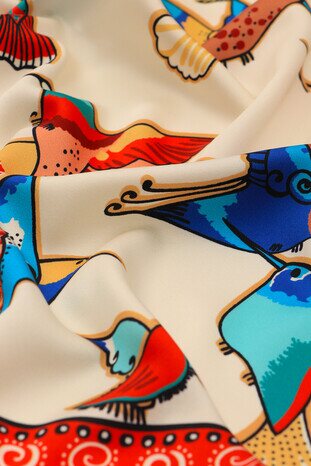 Turquoise Salmon Patterned Silky Pocket Square - Thumbnail