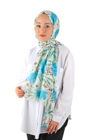 Turquoise Spring Flower Wrap Scarf - Thumbnail