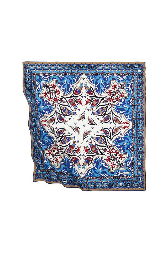 Turquoise Taba Turkish Pattern Cintemani Carnation Pattern Silky Square Scarf 