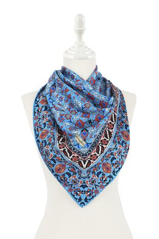 Turquoise Turkish Patterned Tile Pattern Silk Square Scarf - Thumbnail