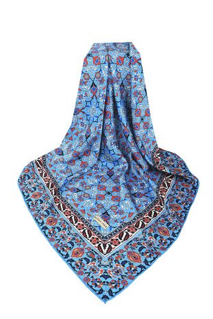 Turquoise Turkish Patterned Tile Pattern Silk Square Scarf - Thumbnail