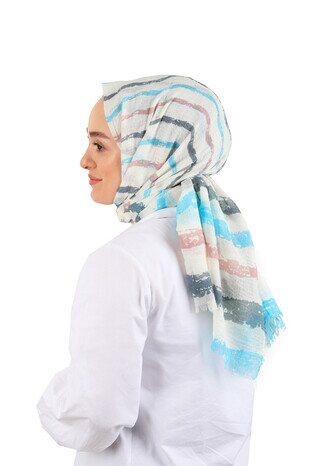 Turquoise Wave Pattern Crepe Scarf - Thumbnail