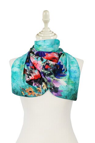 Water Green Flower Silky Foulard - Thumbnail