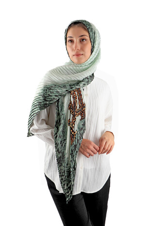 Water Green Patterned Pleated Scarf - Thumbnail